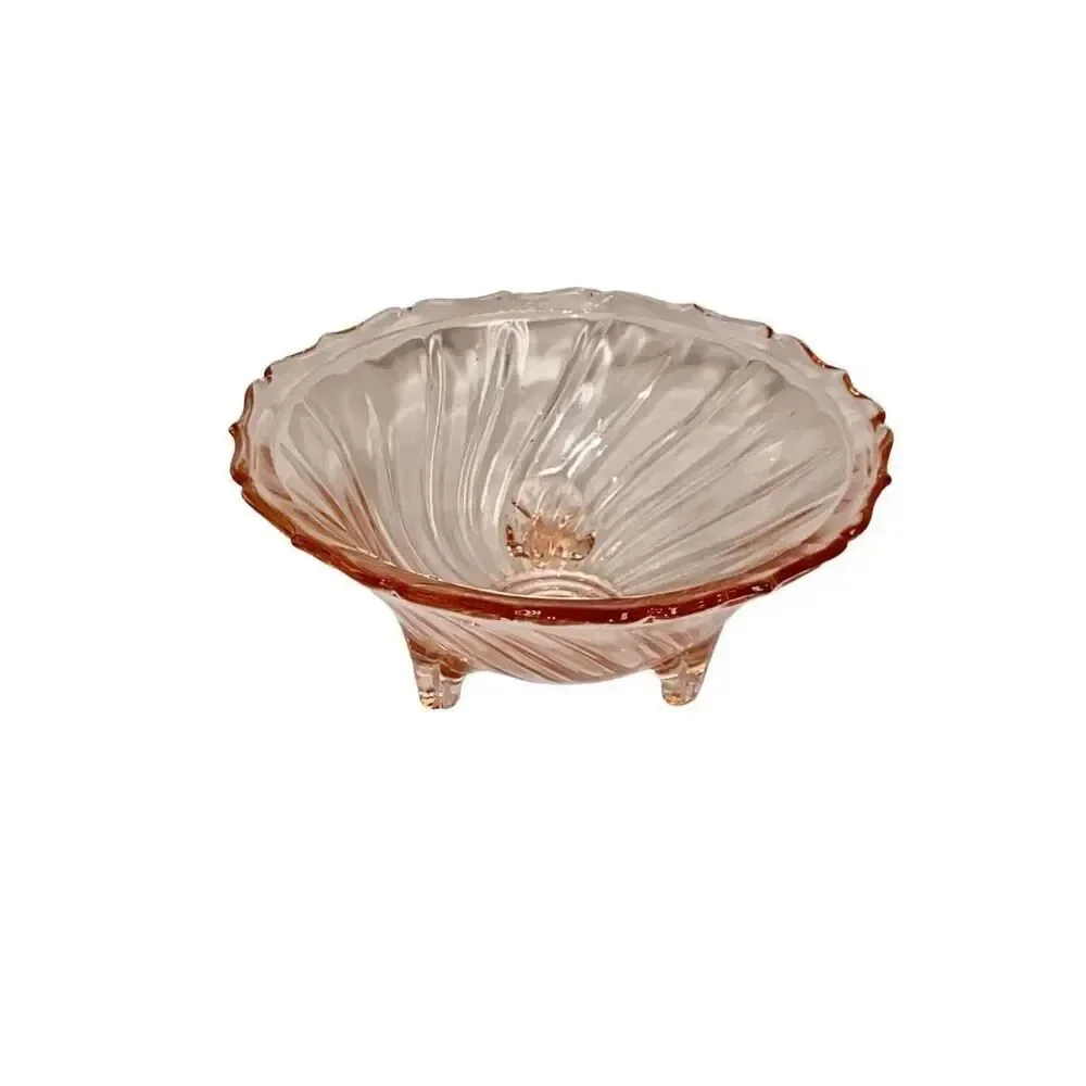 Vintage Jeannette Glass Co. pink footed 1937 depression glass swirl bowl.